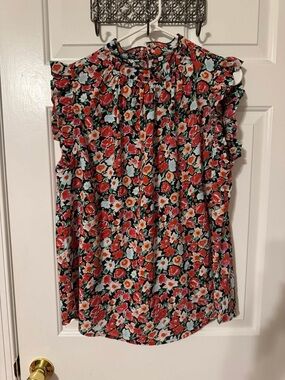Floral Ruffle Cap-Sleeve Blouse - Red Multi